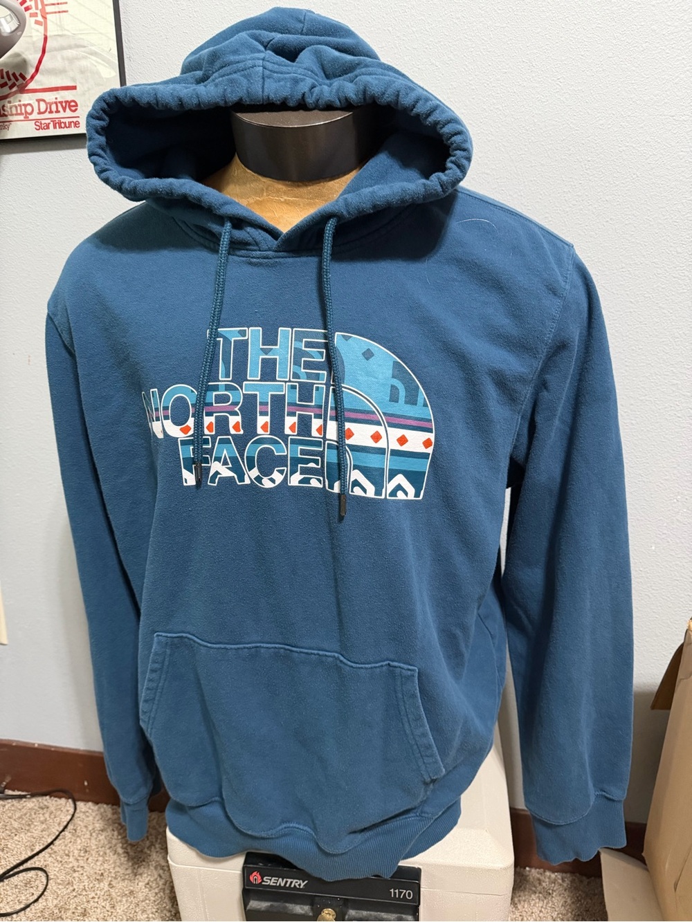 The North Face Teal Pullover Hoodie with Patterned Logo